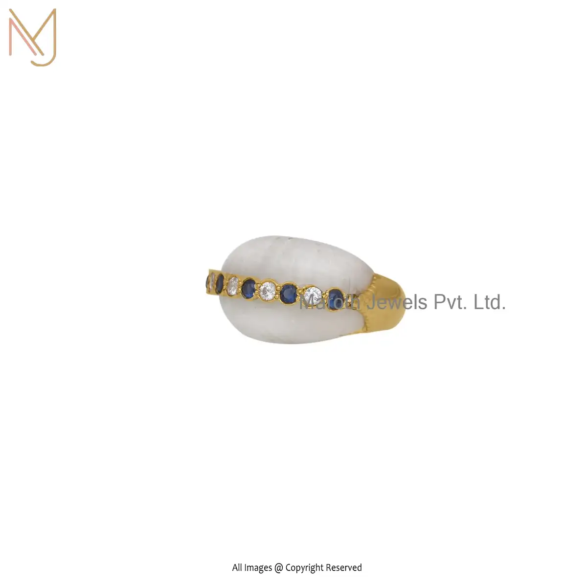 Private Label 925 Sterling Silver Yellow Gold Plated Moonstone CZ & Blue CZ Ring