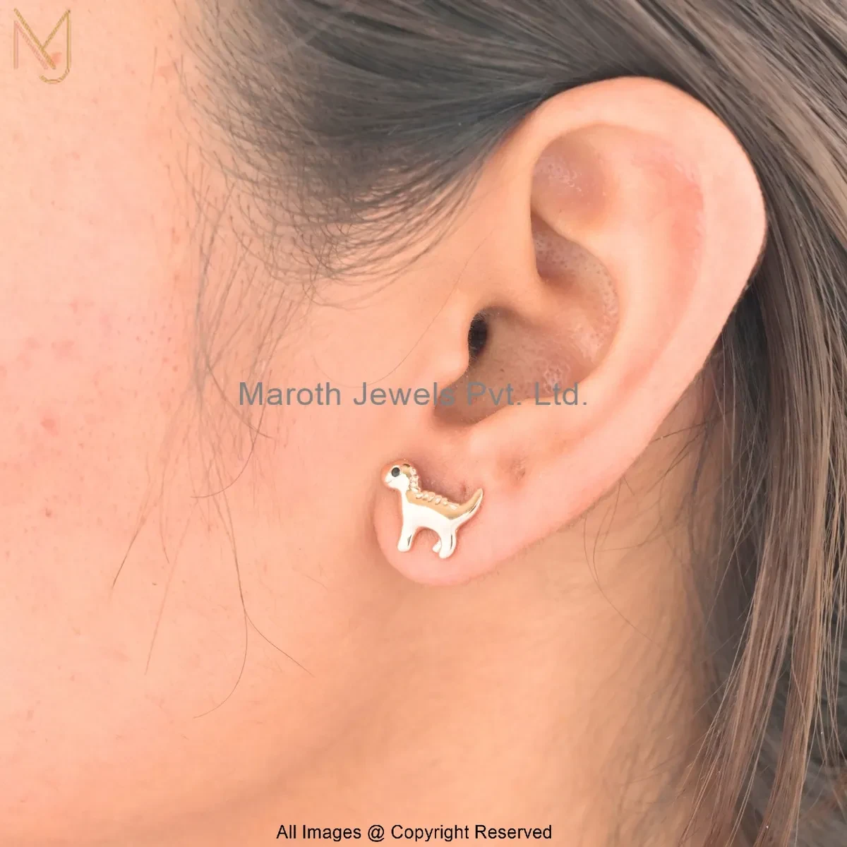 14K Rose Gold Black Cubic Zircon Cute Baby Dinosaur Stud Earring Jewelry Supplier