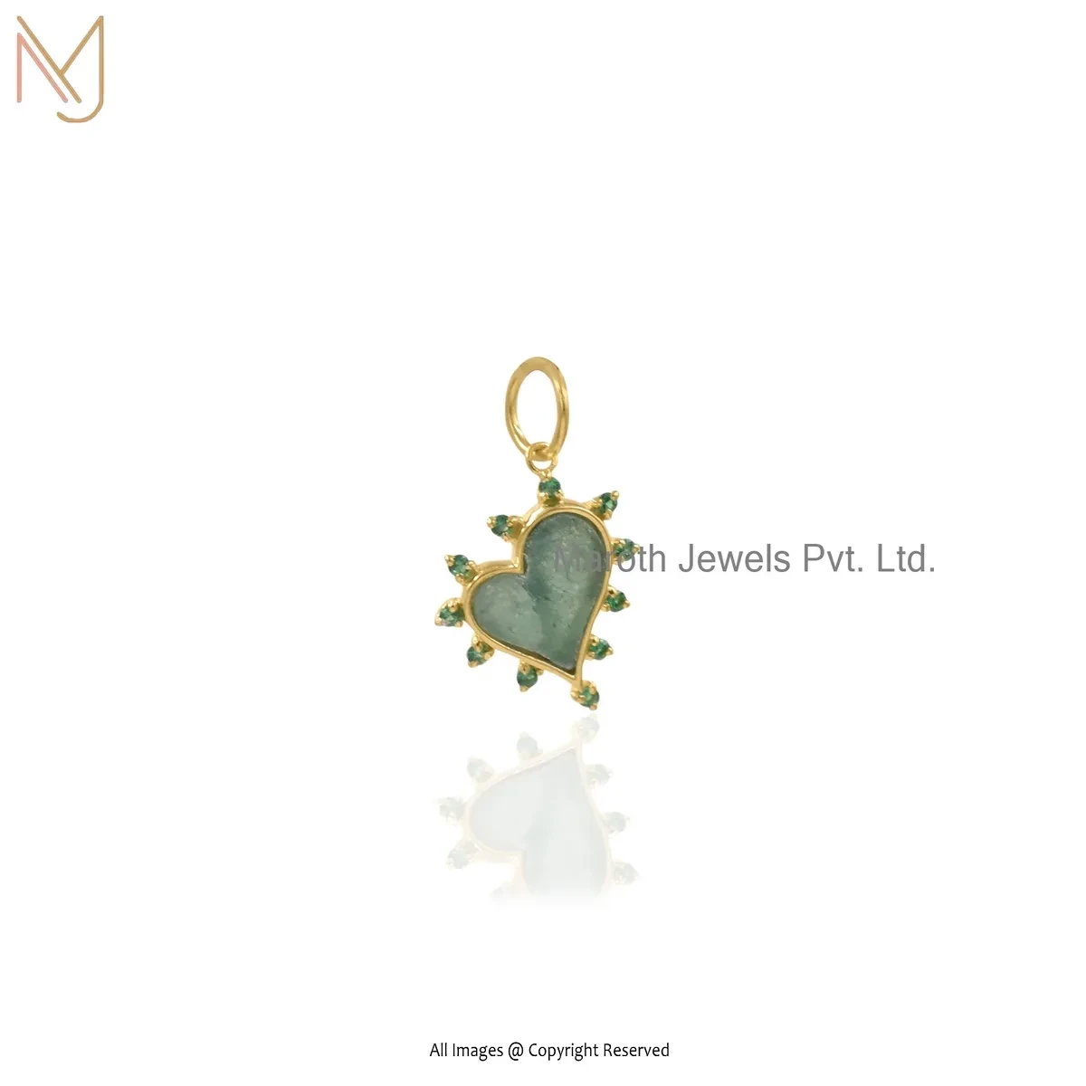 925 Silver Yellow Gold Plated Green Adventurine And Green Cubic Zircon Heart Pendant USA