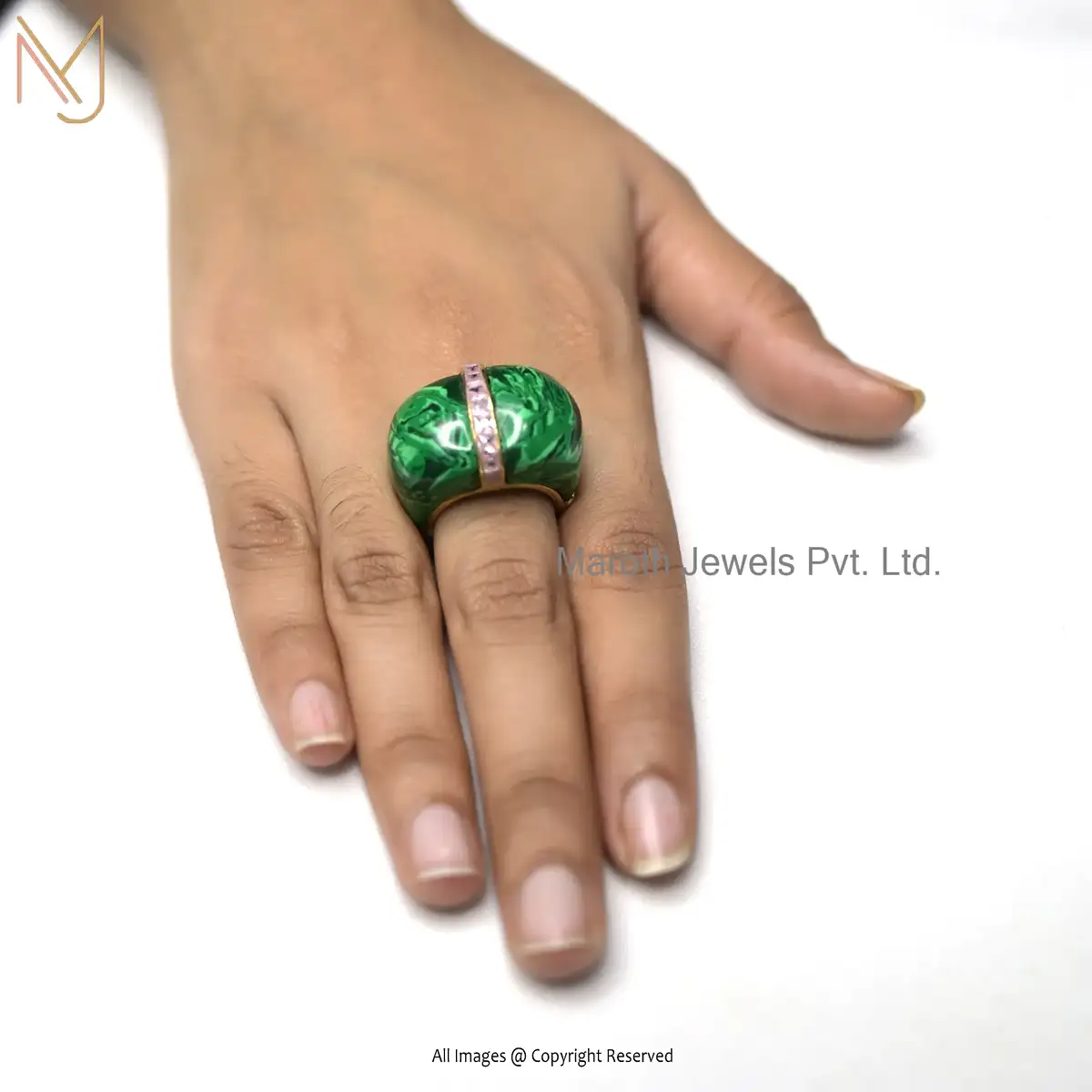 14K Yellow Gold Malachite & Pink Cubic Zircoins Dome Ring Manufacturer