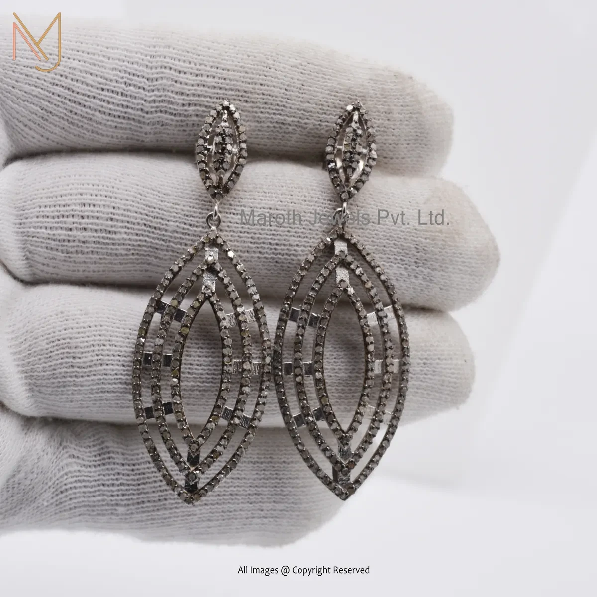 14K White Gold Pave Diamond Marquise Shape Dangle Earring Manufacturer