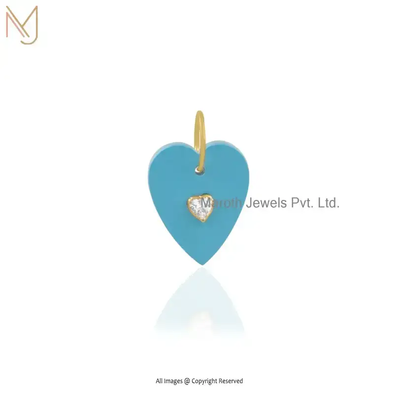 Wholesale 14K Yellow Gold Turquoise Gemstone Cubic Zircon Designer Heart Pendant,