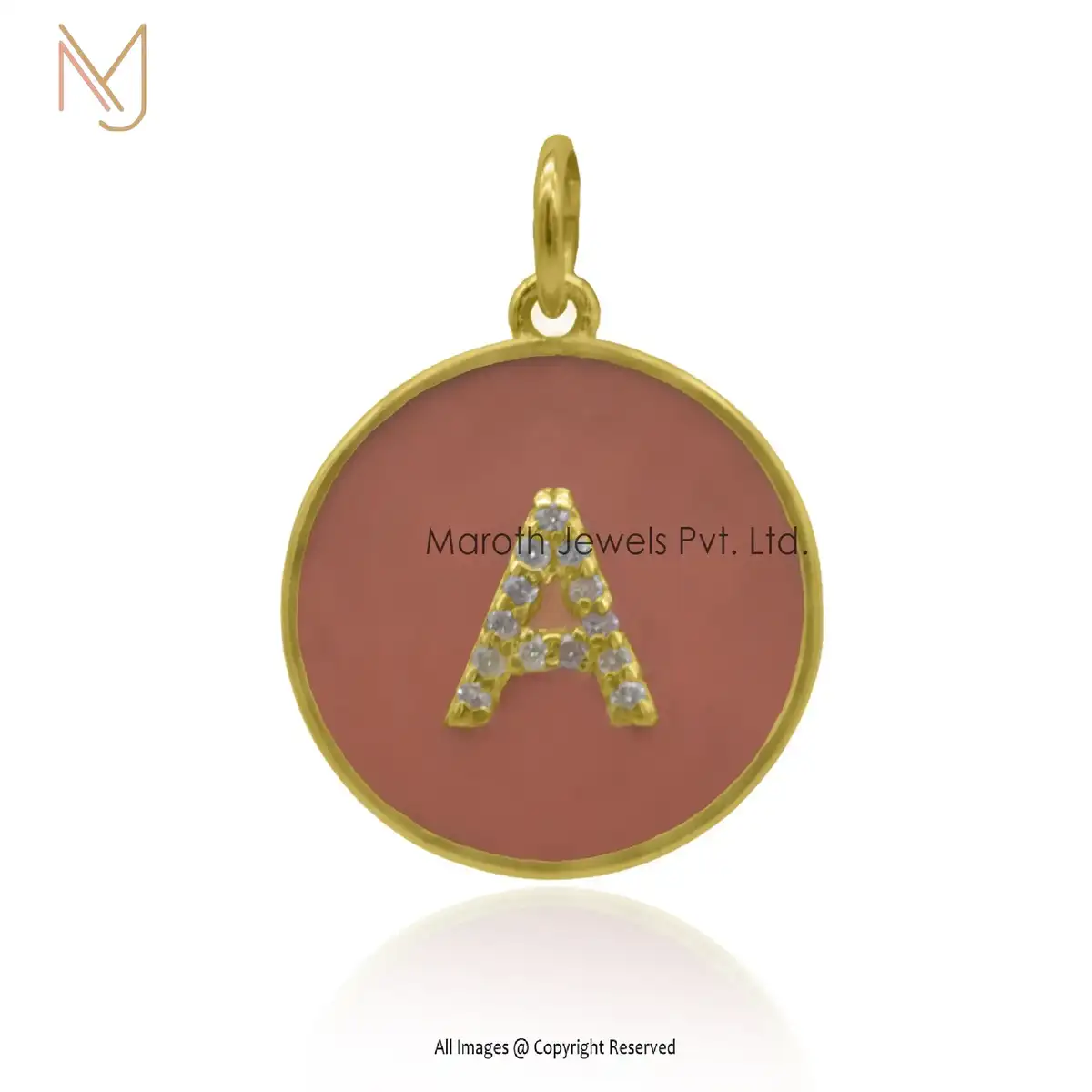 Wholesale 14K Solid Yellow Gold Pave Diamond Brown Enamel A Initial Pendant Jewelry