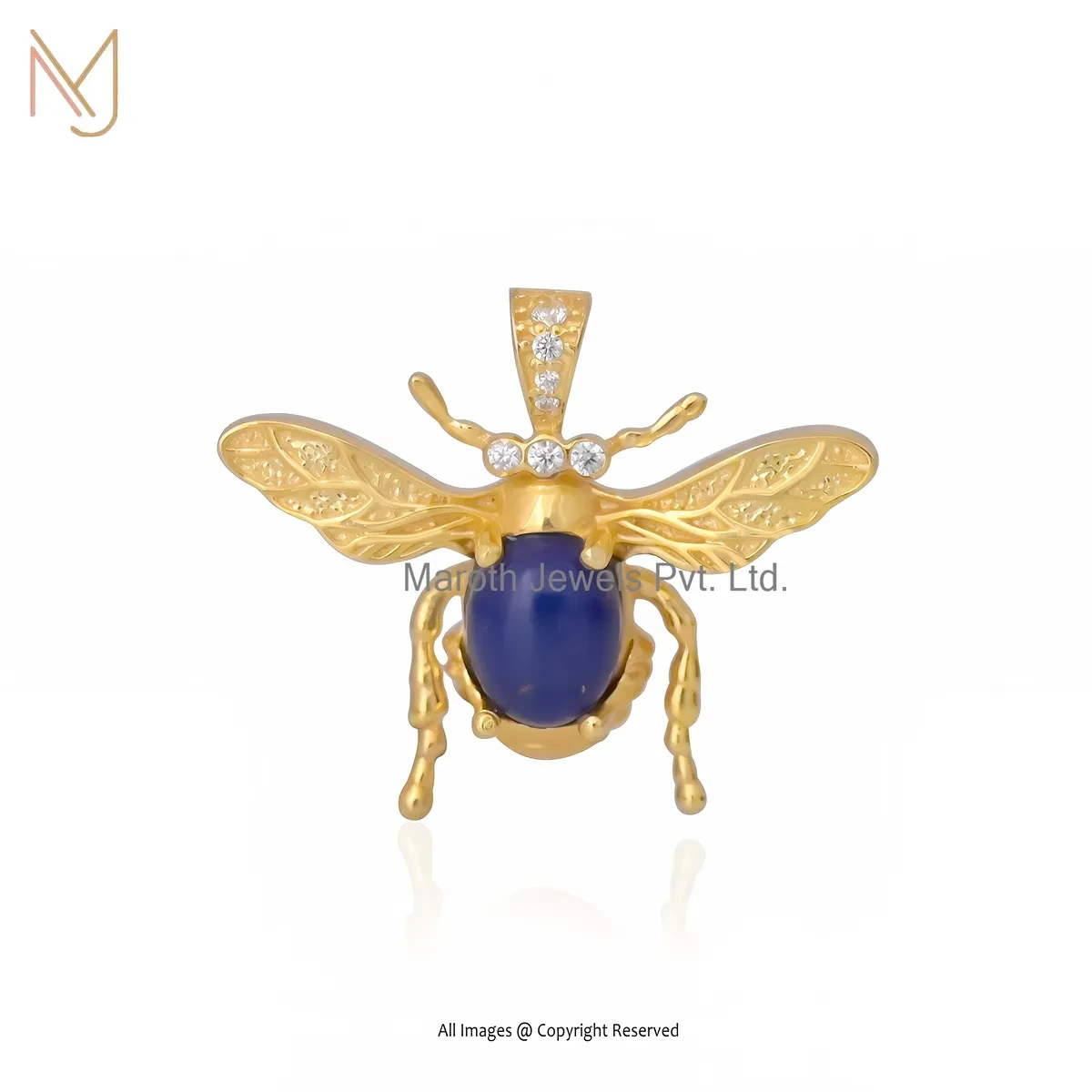 Private Lable 925 Silver Yellow Gold Plated Lapiz Lazuli And Cubic Zircon Honey Bee Pendant
