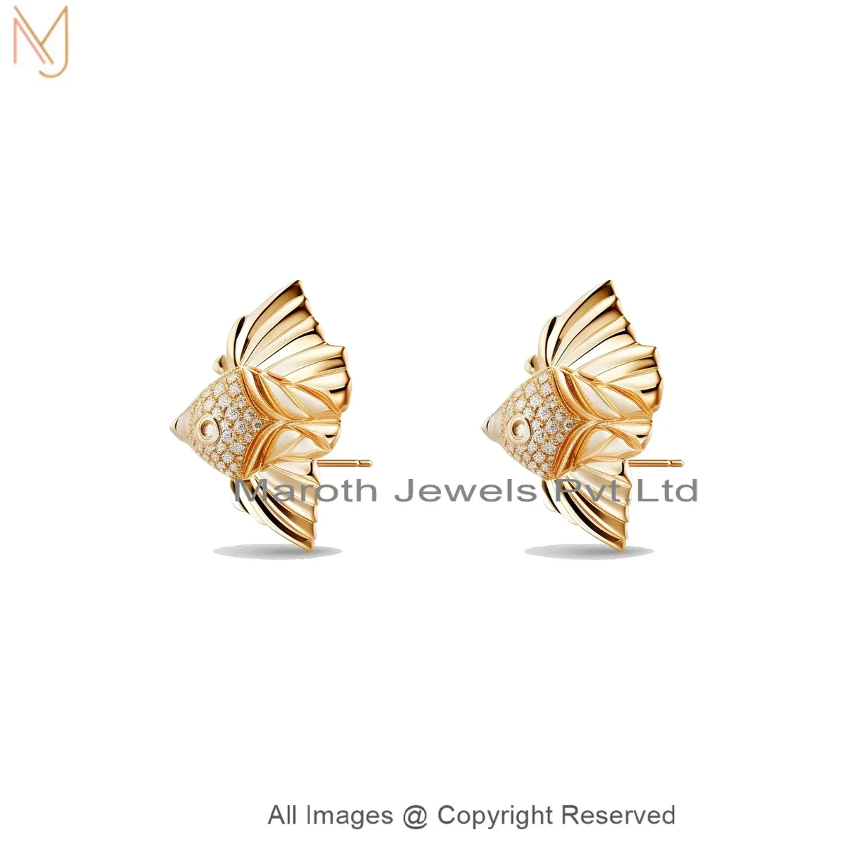 925 Silver Yellow Gold Plated Moissanite Diamond Gold Fish Stud Earrings Custom Jewelry
