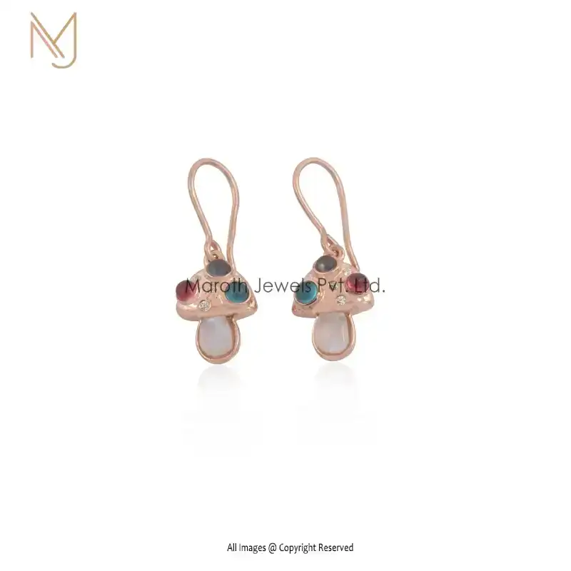 14K Rose Gold Multi Gemstone Lunaria Mushroom Earrings Nature Inspired Handmade Jewelry