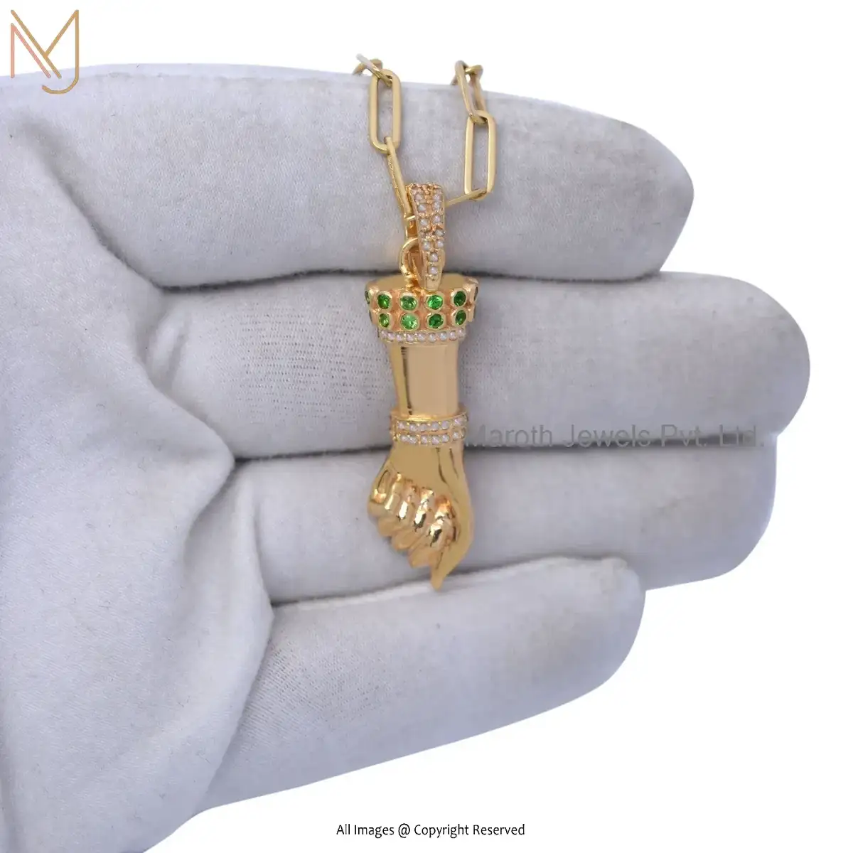 14K Yellow Gold Tsavorite And Diamond Figa Hand Charm Pendant Jewelry USA