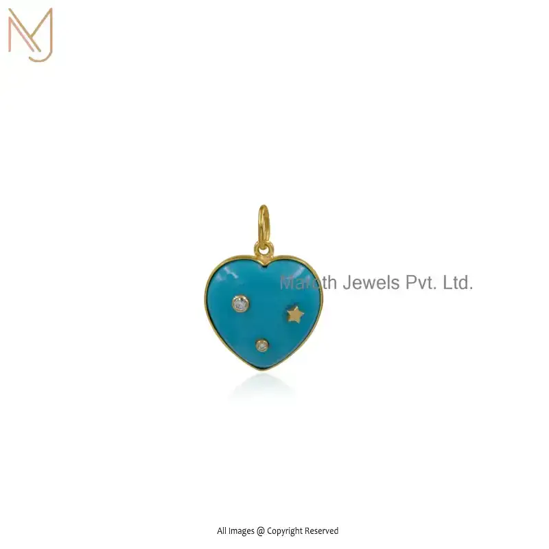 925 Silver Yellow Gold Plated Turquoise & Moissanite Heart Charm Pendant Custom Jewelry