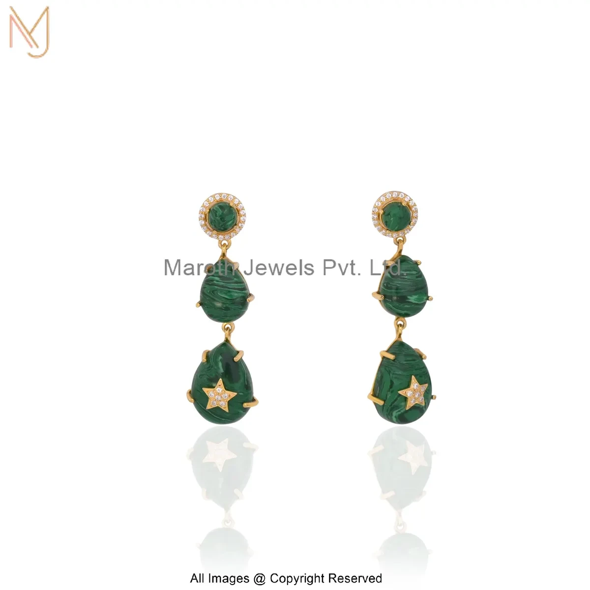 14K Yellow Gold Cubic Zircon Malachite Teardrop Earrings Manufacturer