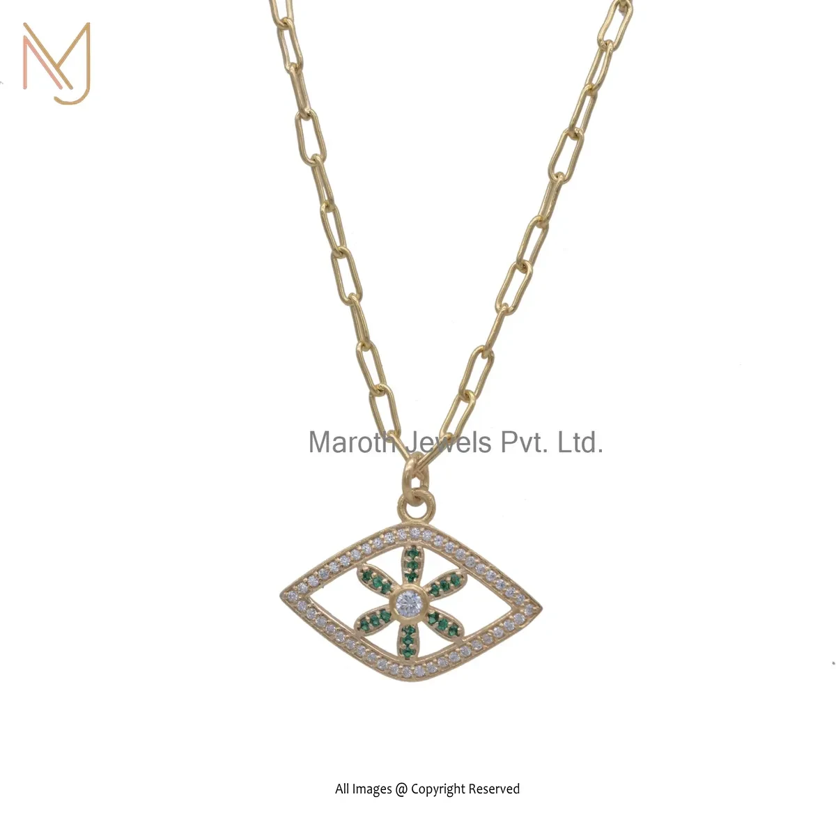 Private Lable 925 Silver Yellow Gold Plated Cubic Zircon And Green Onyx Evil Eye Pendant