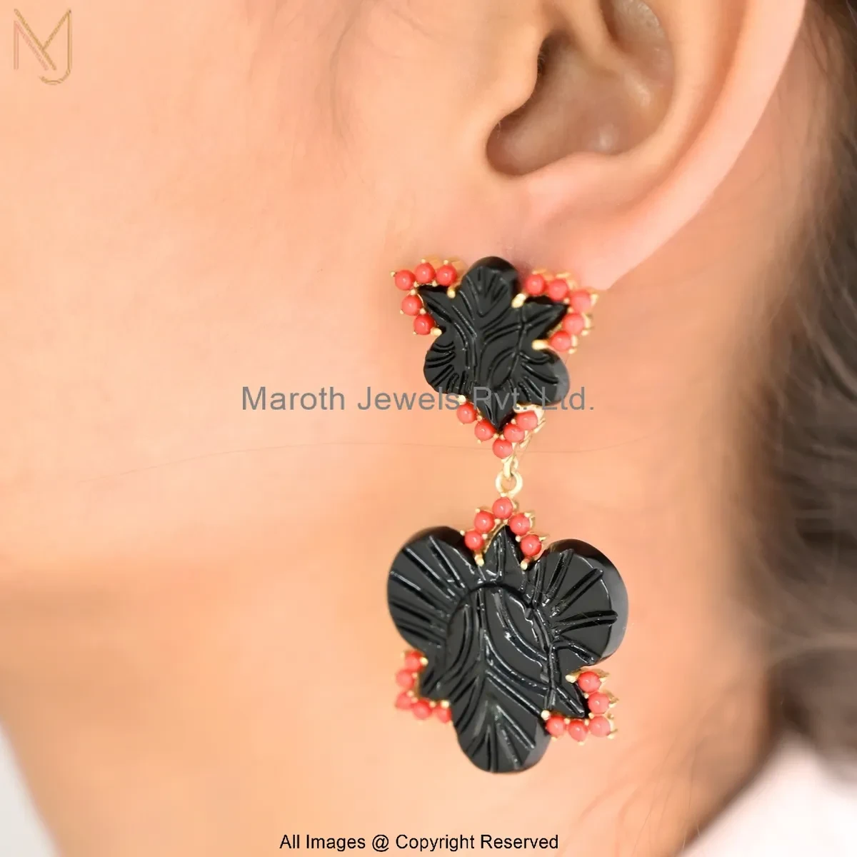 925 Silver Yellow Gold Plated Red Coral Gemstone Midnight Bloom Drop Earrings Custom Jewelry