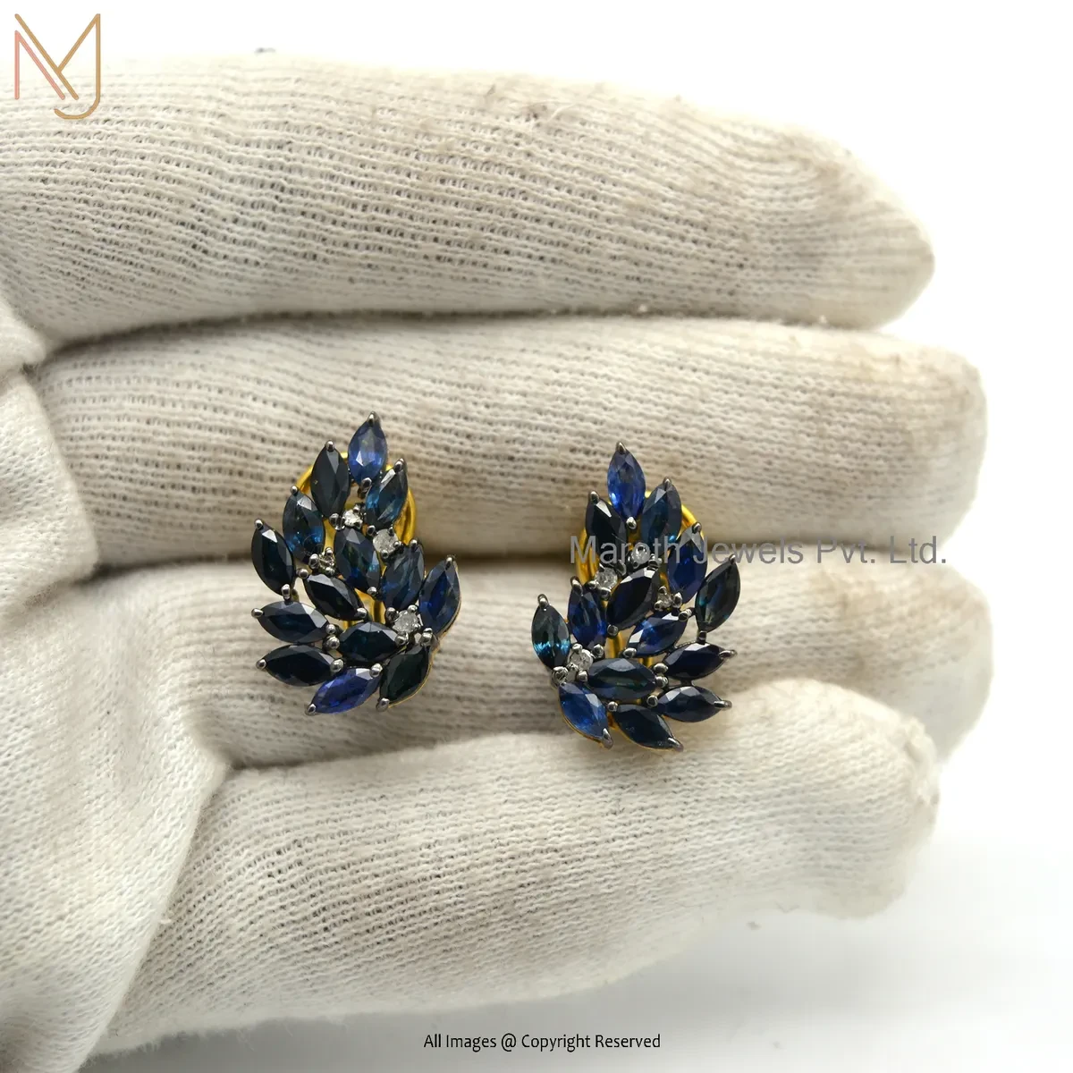 Private Lable 925 Silver Rhodium Yellow Gold Plated Pave Diamond & Blue Sapphire Tiny Leaf Stud Earring