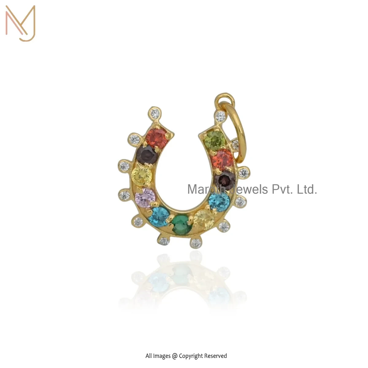 Private Lable 14K Yellow Gold Cubic Zircon & Multi Gemstone Horseshoe Charm Pendant