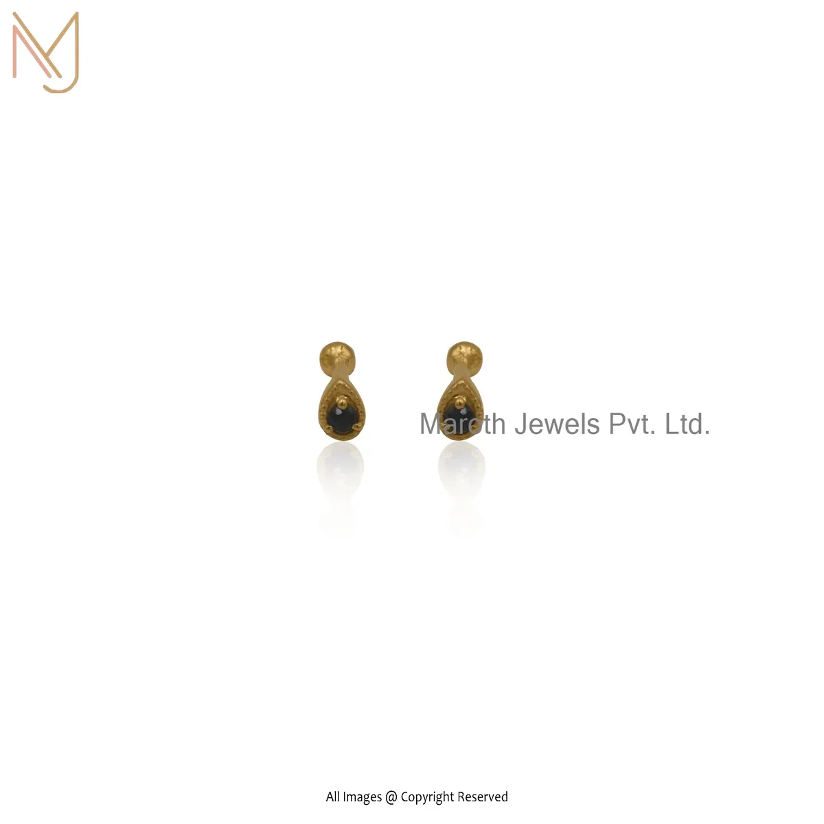 925 Silver Yellow Gold Plated Black Spinel Teardrop Stud Earring Jewelry Supplier