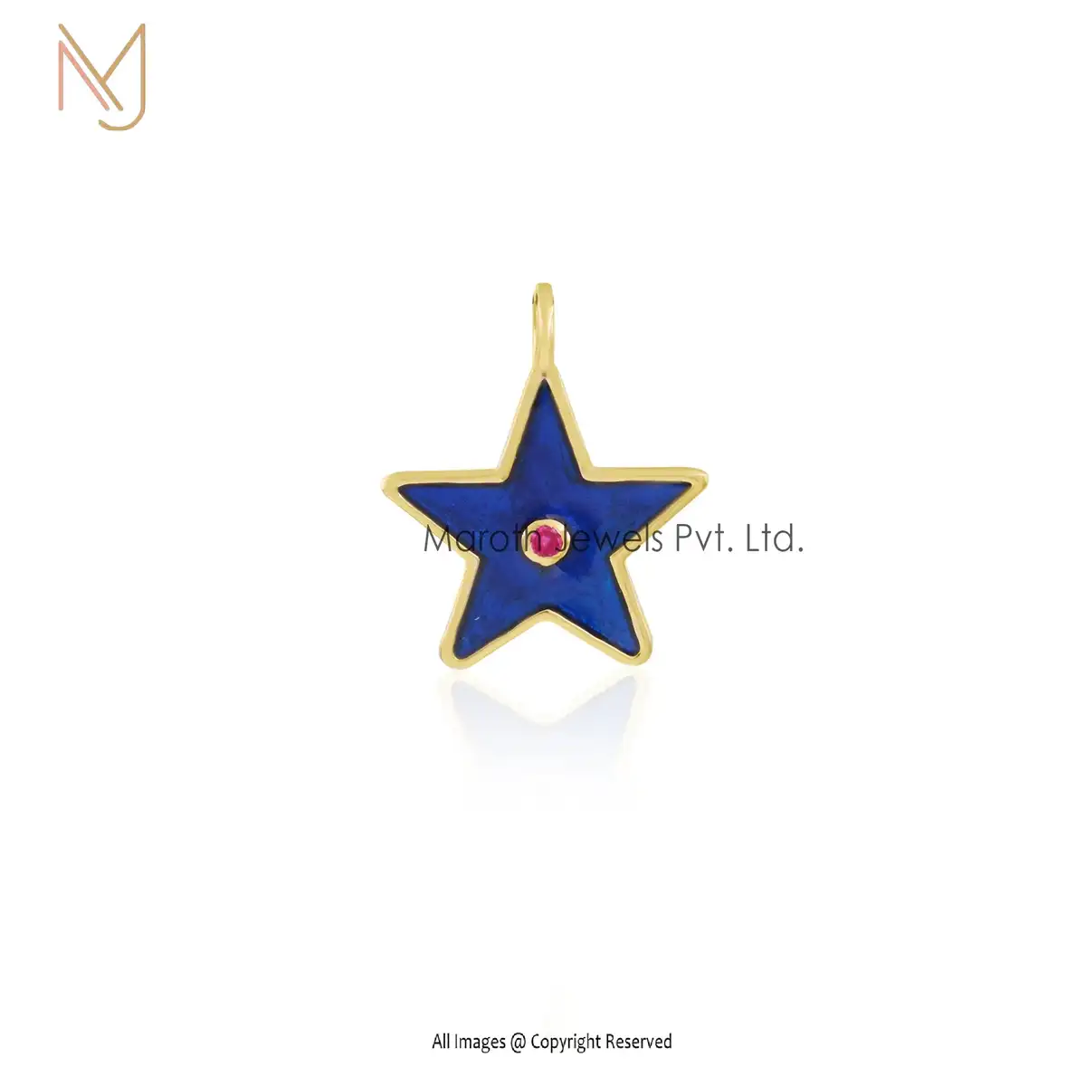14K Yellow Gold Blue Enamel & Ruby Star Pendant Jewelry Suppiler