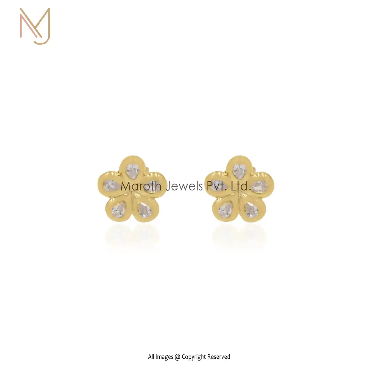 14K Yellow Gold Diamond Flower Stud Earring Custom Jewelry