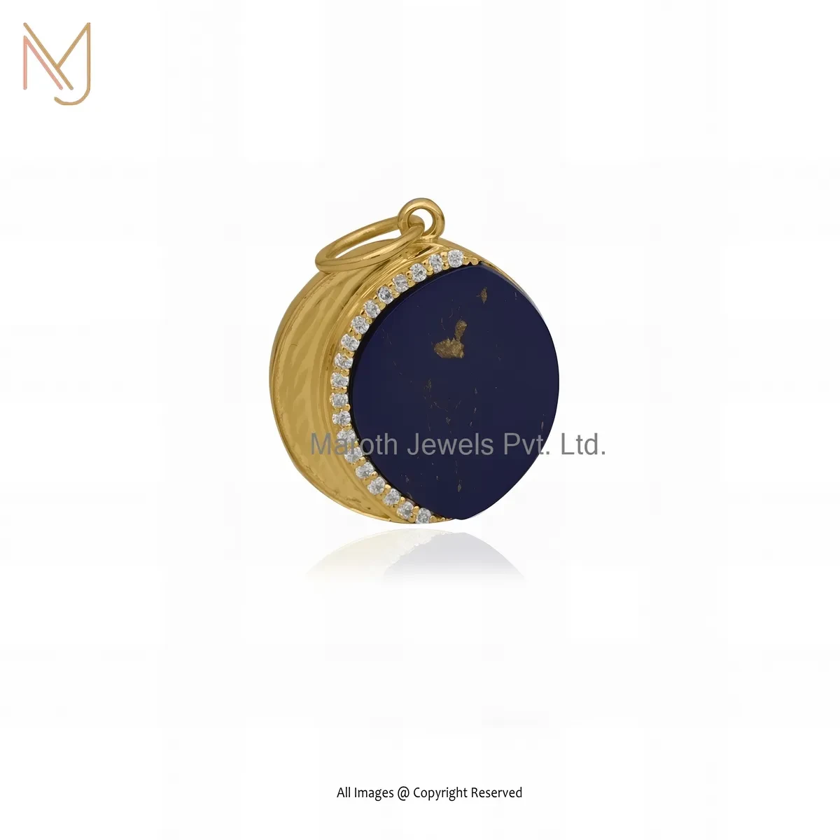 Wholesale 14K Yellow Gold Lapiz Lazuli And Moissanite Moon Disc Pendant