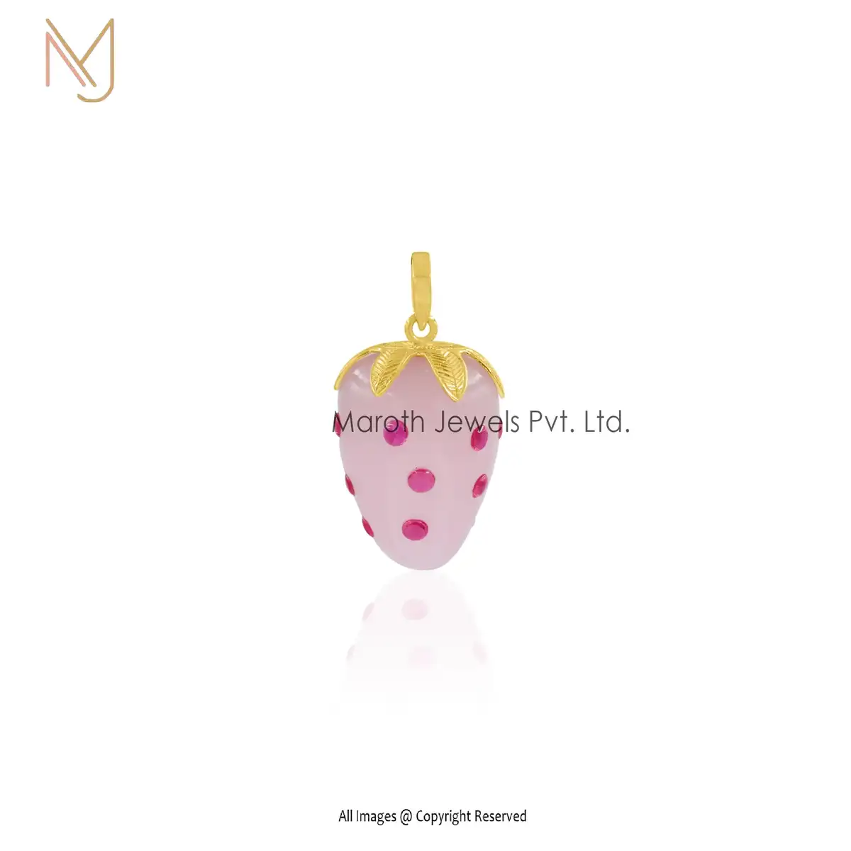 14K Yellow Gold Pink Opal & Ruby Strowberry Pendant Custom Jewelry