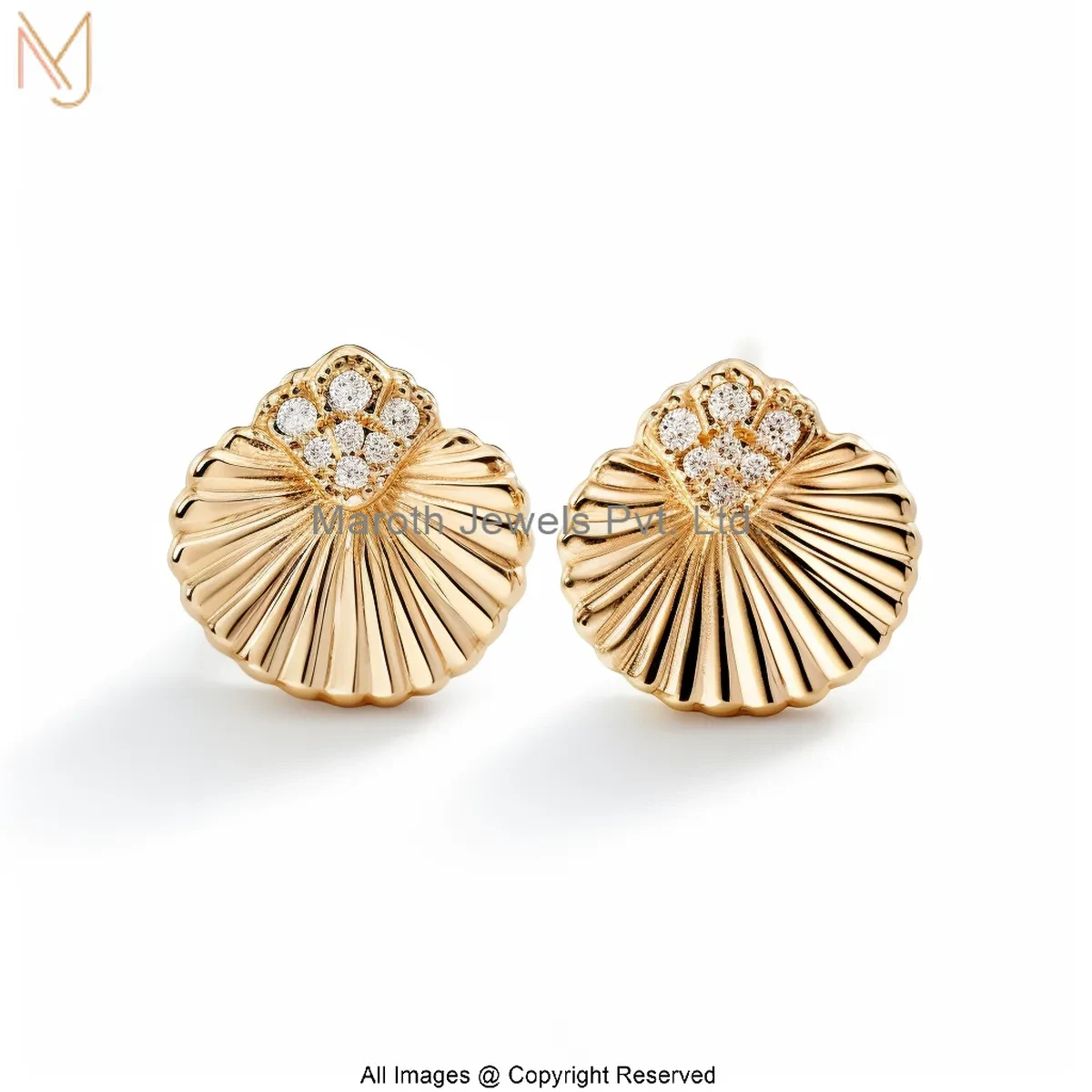 925 Silver Yellow Gold Plated Moissanite Diamond Shell Fan Gold Stud Earrings Manufacturer