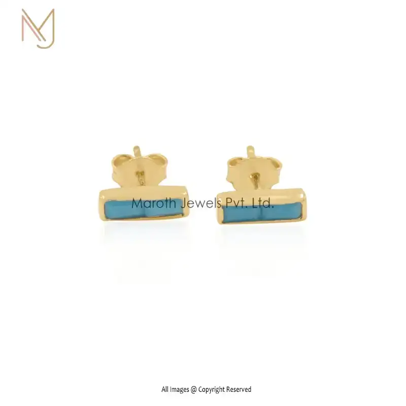 925 Silver Yellow Gold Plated Turquoise Baguette Studs Earrings Manufacturer
