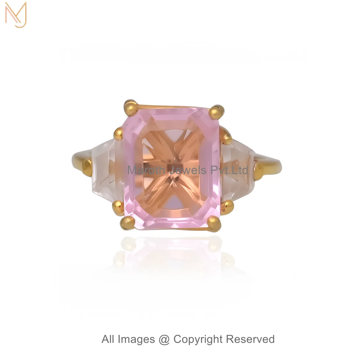 14K Yellow Gold Diamond Cubic Zircon Elegant Pink Emerald-Cut Gemstone Ring Manufacturer