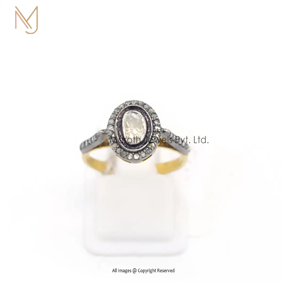 925 Silver Rhodium Yellow Gold Pave Diamond And Rose Cut Victorian Ring Jewelry Manufacturer