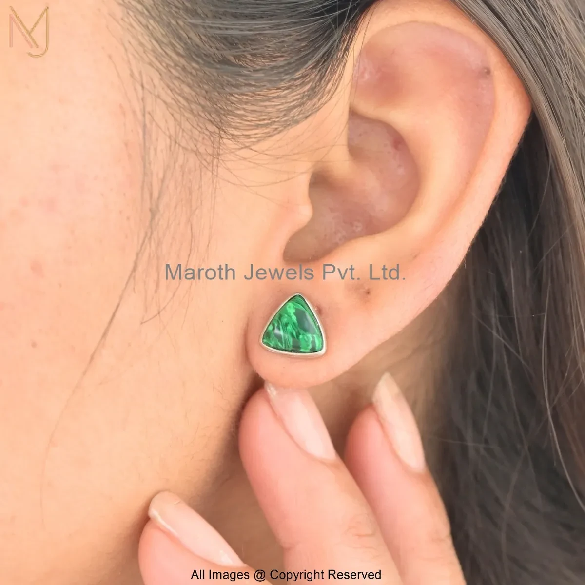 925 Silver White Gold Plated Malachite Triangle Stud Earring Custom Jewelry