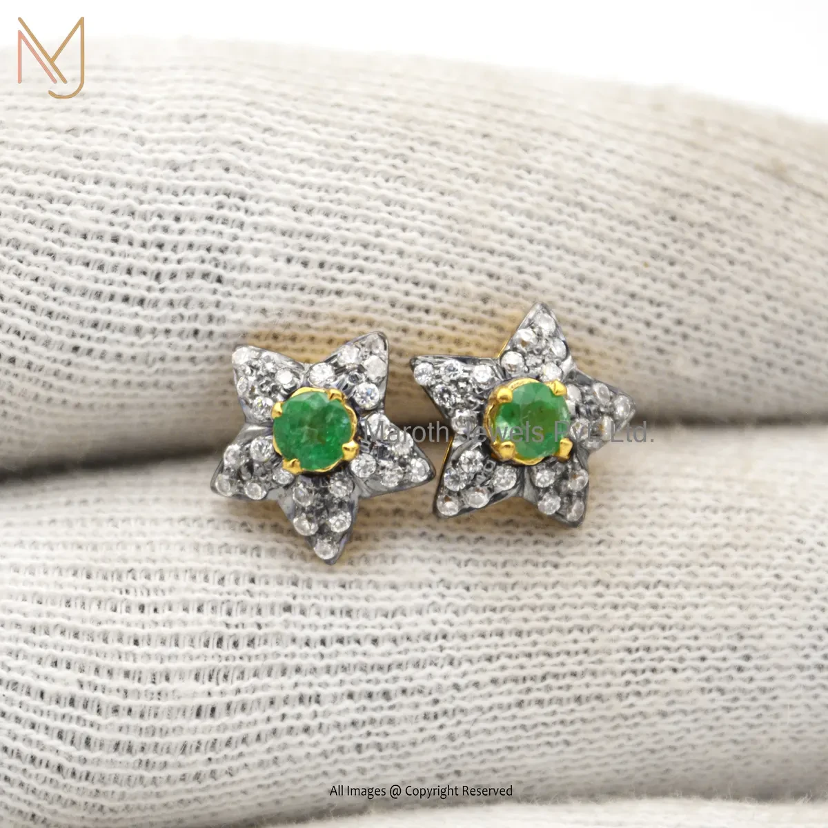 925 Silver Yellow Gold Rhodium Plated Pave Diamond Emerald Star Studs Earrings Custom Jewelry