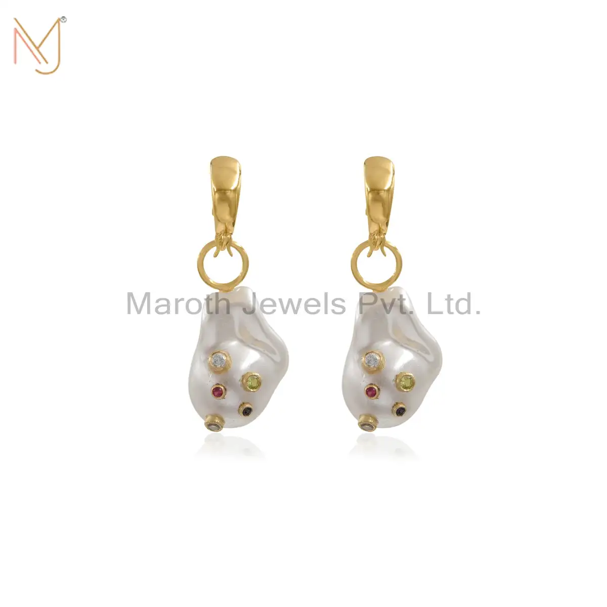 925 Silver Yellow Gold Pearl and Multi Gemstone Baroque Earring Jewelry Supplier