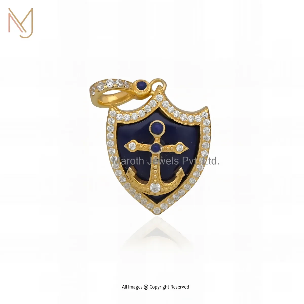 Private Lable 14K Yellow Gold Lapiz Lazuli & Cubic Zircon Shield Pendant