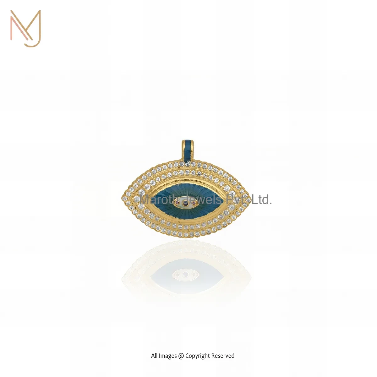 14K Yellow Gold Cubic Zircon & Enamel Evil Eye Charm Pendant Custom Jewelry