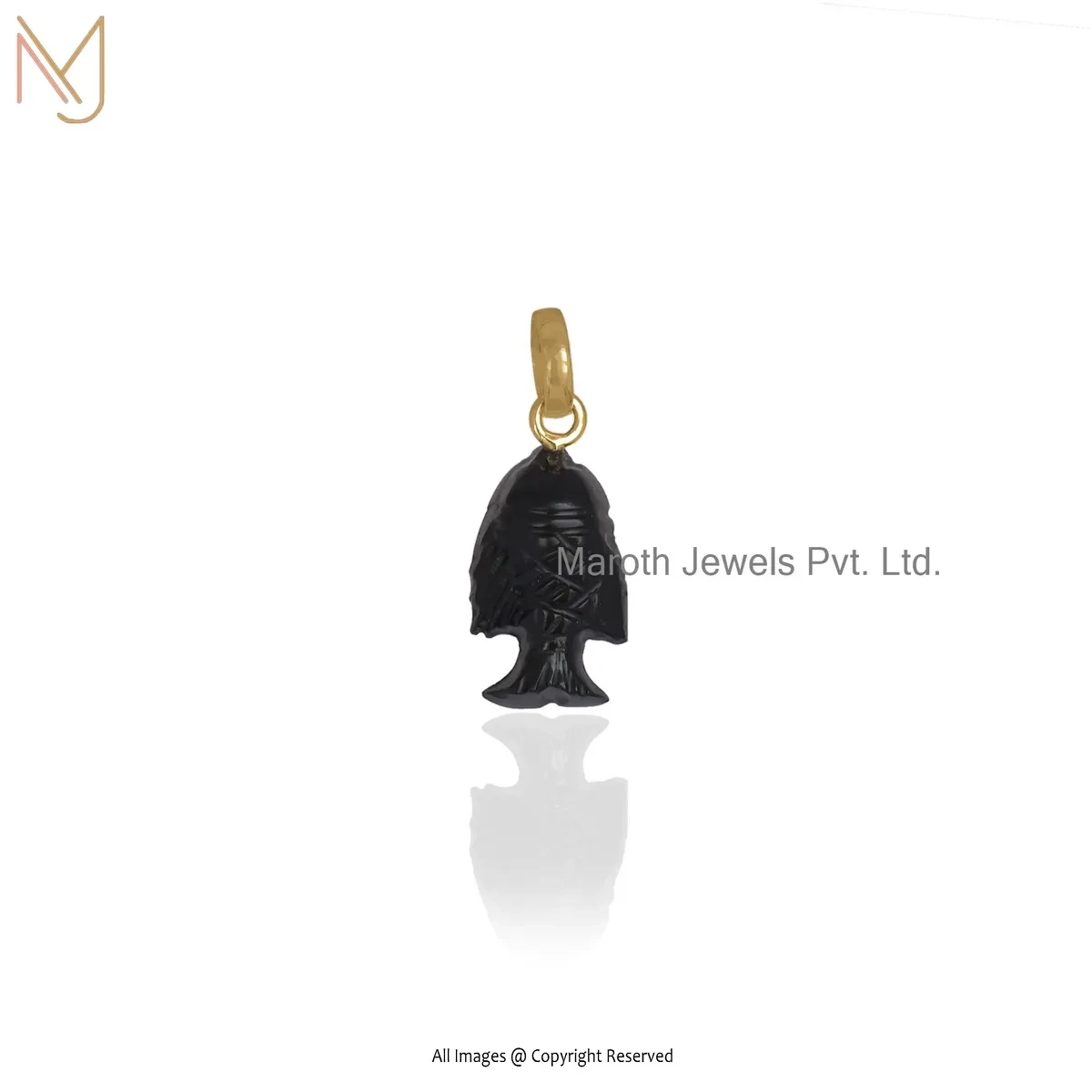 14K Yellow Gold Black Onyx Gemstone Fish Charm Pendant Jewelry Supplier