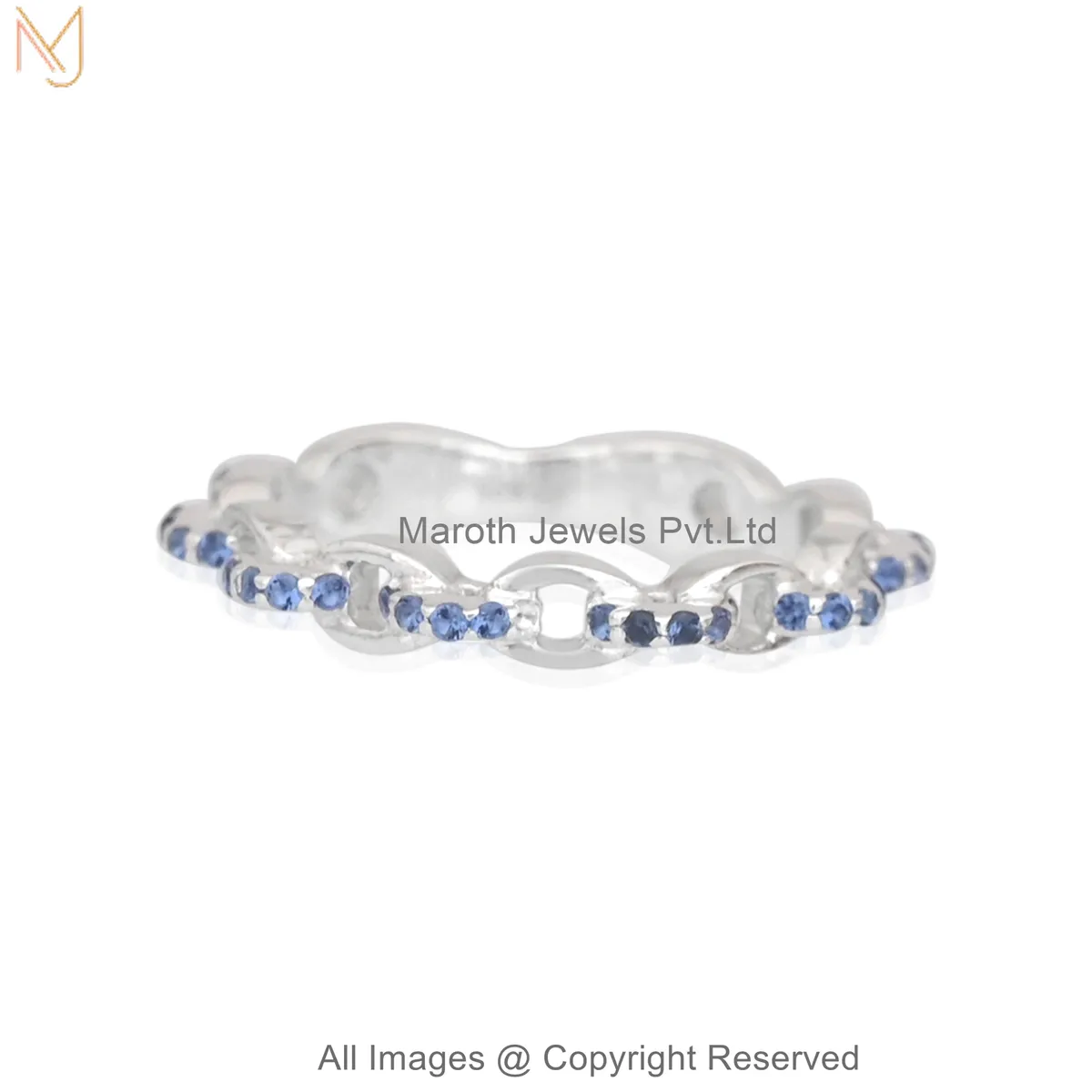 925 Silver White Gold Plated Gemstone Azure Link Ring Jewelry Supplier