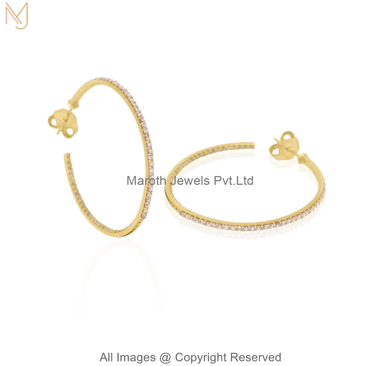 14K Yellow Gold Moissanite Pave Diamond Slim Hoop Earrings Custom Jewelry