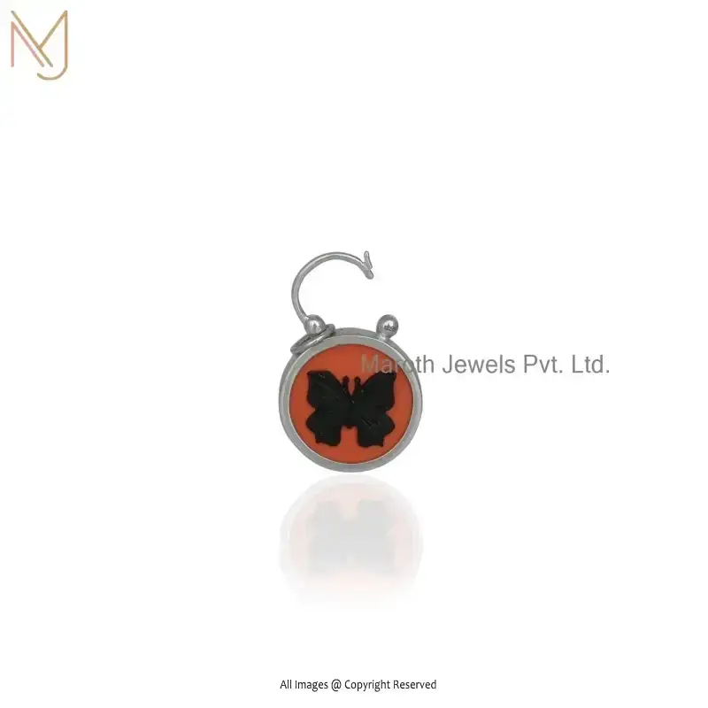 14K White Gold Orange Coral & Black Onyx Butterfly Padlock Pendant Jewelry Supplier