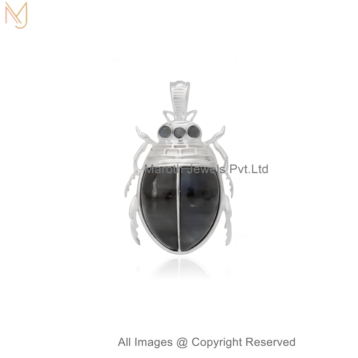 14K White Gold Gemstone Black Scarab Beetle Insect Pendant Jewelry Supplier