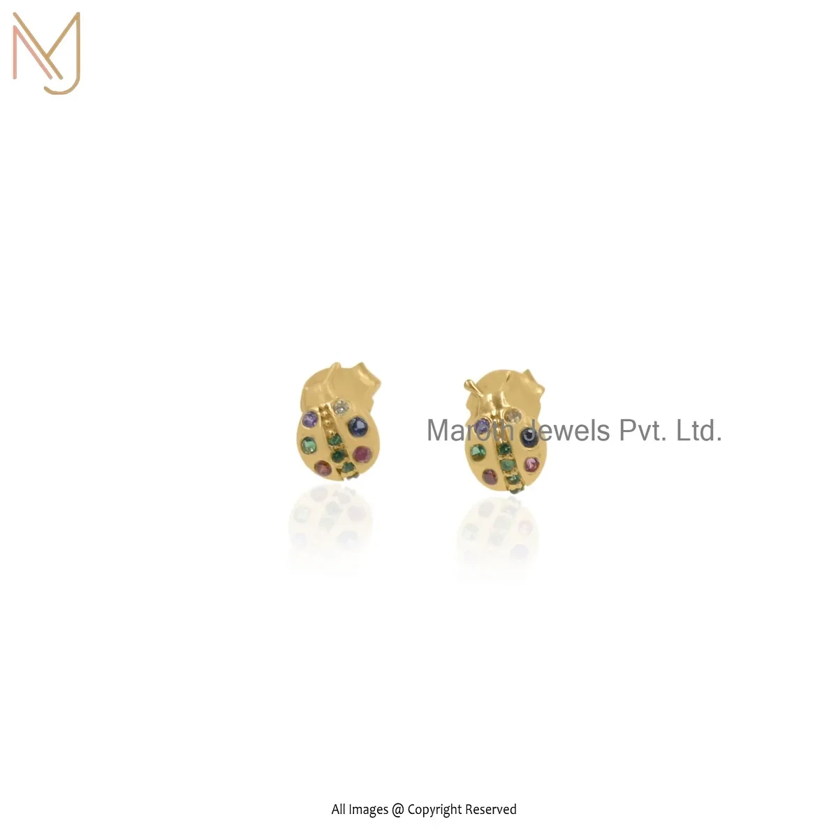 Wholesale 14K Yellow Gold Emerald And Multi Gemstone Ladybug Stud Earring