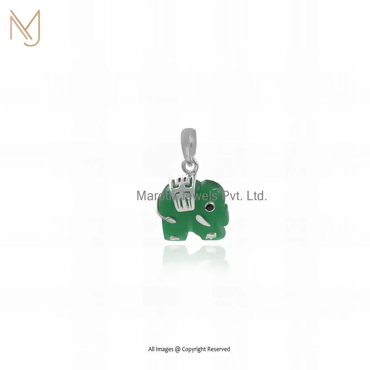 Wholesale 925 Silver Natural Silver Plated Green Onyx & Black Spinel Gemstone Elephant Pendant