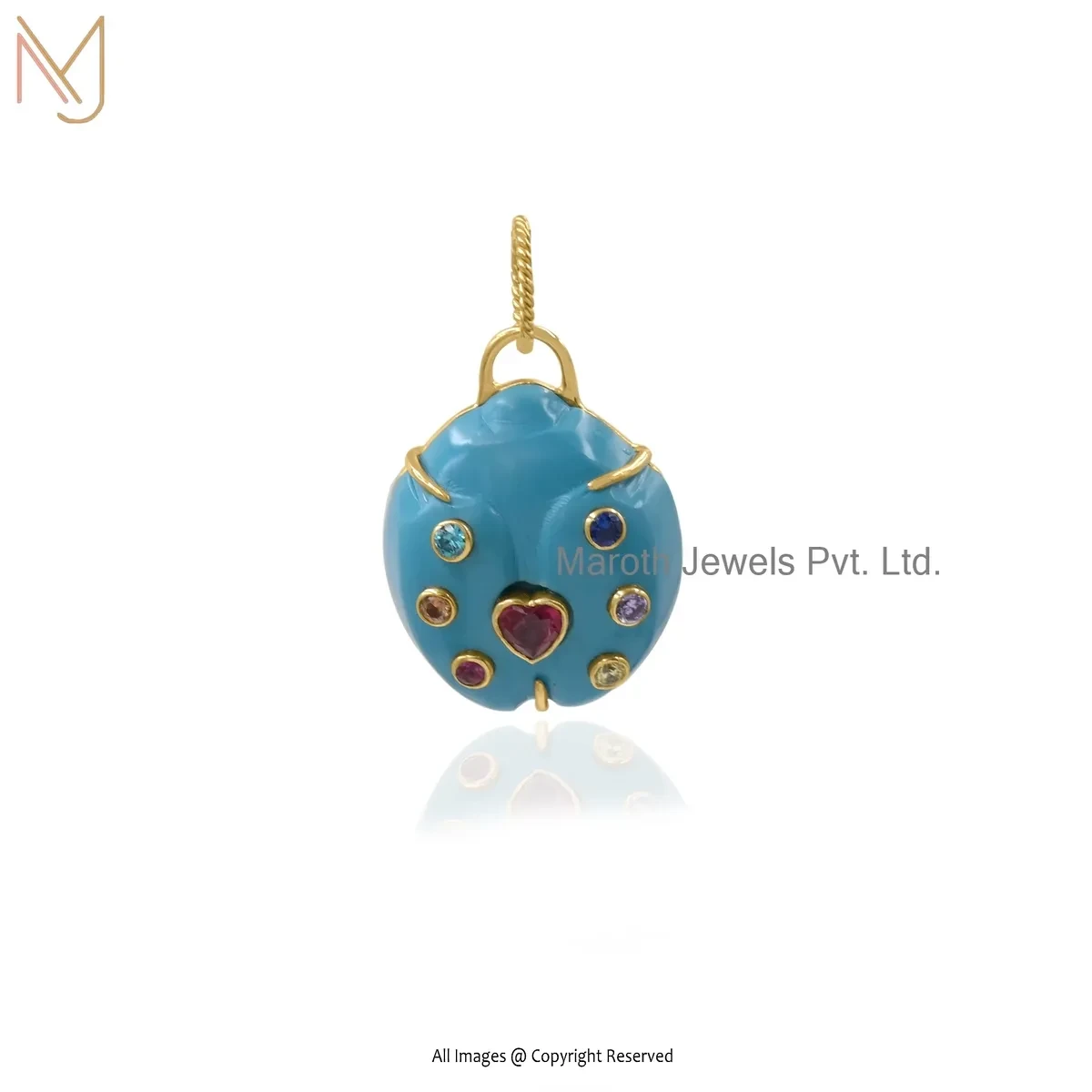 Wholesale 14K Yellow Gold Multi Cubic Zircon & Turquoise Ladybug Pendant