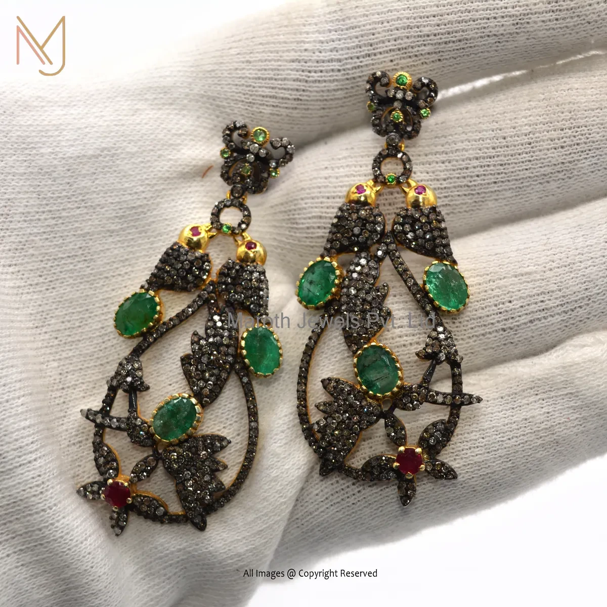 14K Yellow Gold Pave Diamond , Emerald , Ruby Gemstone Dangle Earring USA
