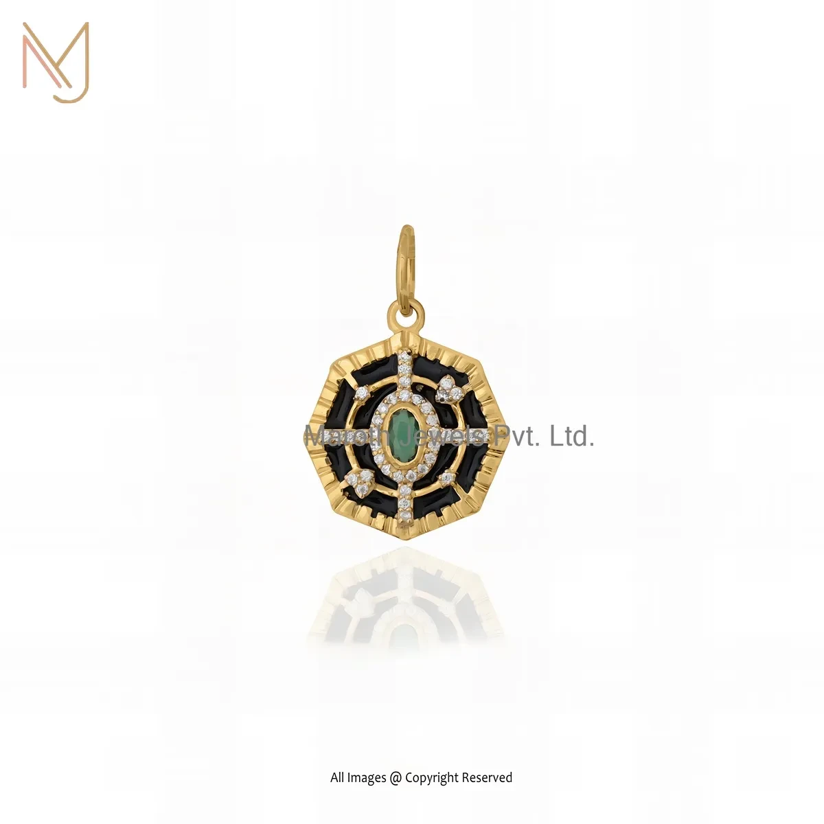 14K Yellow Gold Moissanite & Green Cubic Zircon And Black Enamel Octagon Pendant USA