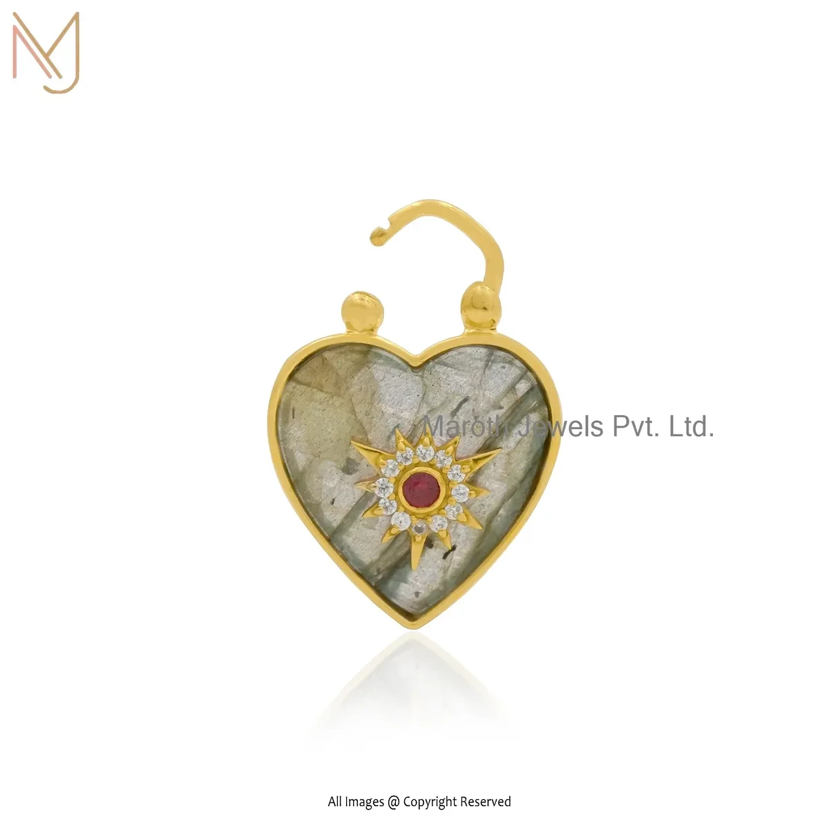 Private Lable 14K Yellow Gold Ruby Cubic Zircon & Black Onyx Heart Padlock Pendant