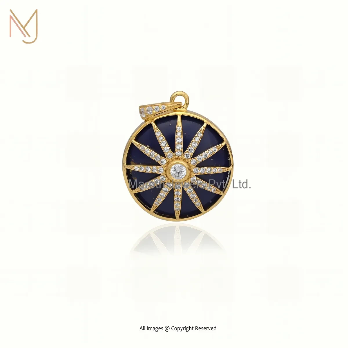 Private Lable 14K Yellow Gold Lapiz Lazuli And Cubic Zircon Star Disc Pendant