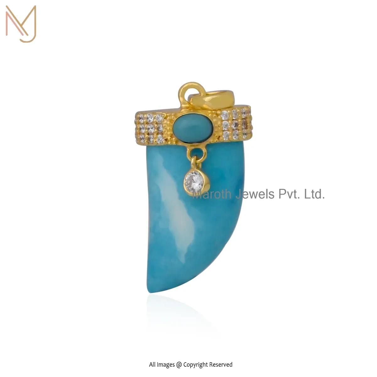 Wholesale 925 Silver Yellow Gold Plated Turquoise & Cubic Zircon Horn Pendant