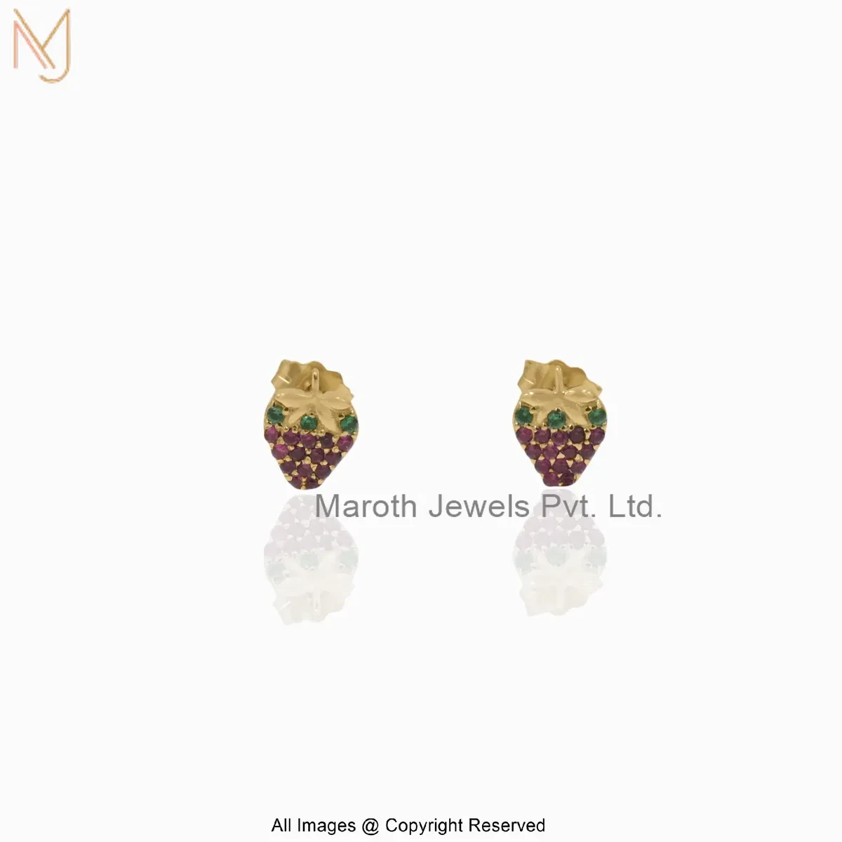 Wholesale 925 Silver Yellow Gold Plated Emerald & Ruby Gemstone Strawberry Stud Earring