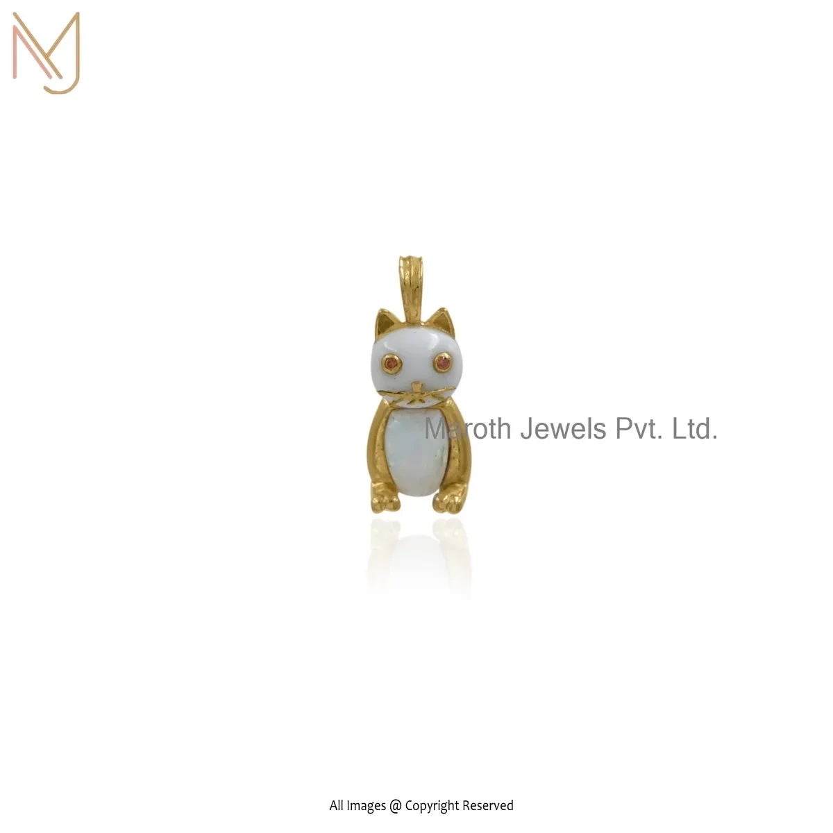 14K Yellow Gold Ethiopian Opal And Garnet Kitten Charm Pendant Custom Jewelry
