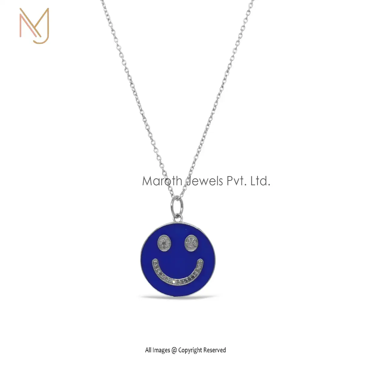 14K White Gold Blue Enamel & Diamond Smiley Pendant Jewelry Supplier