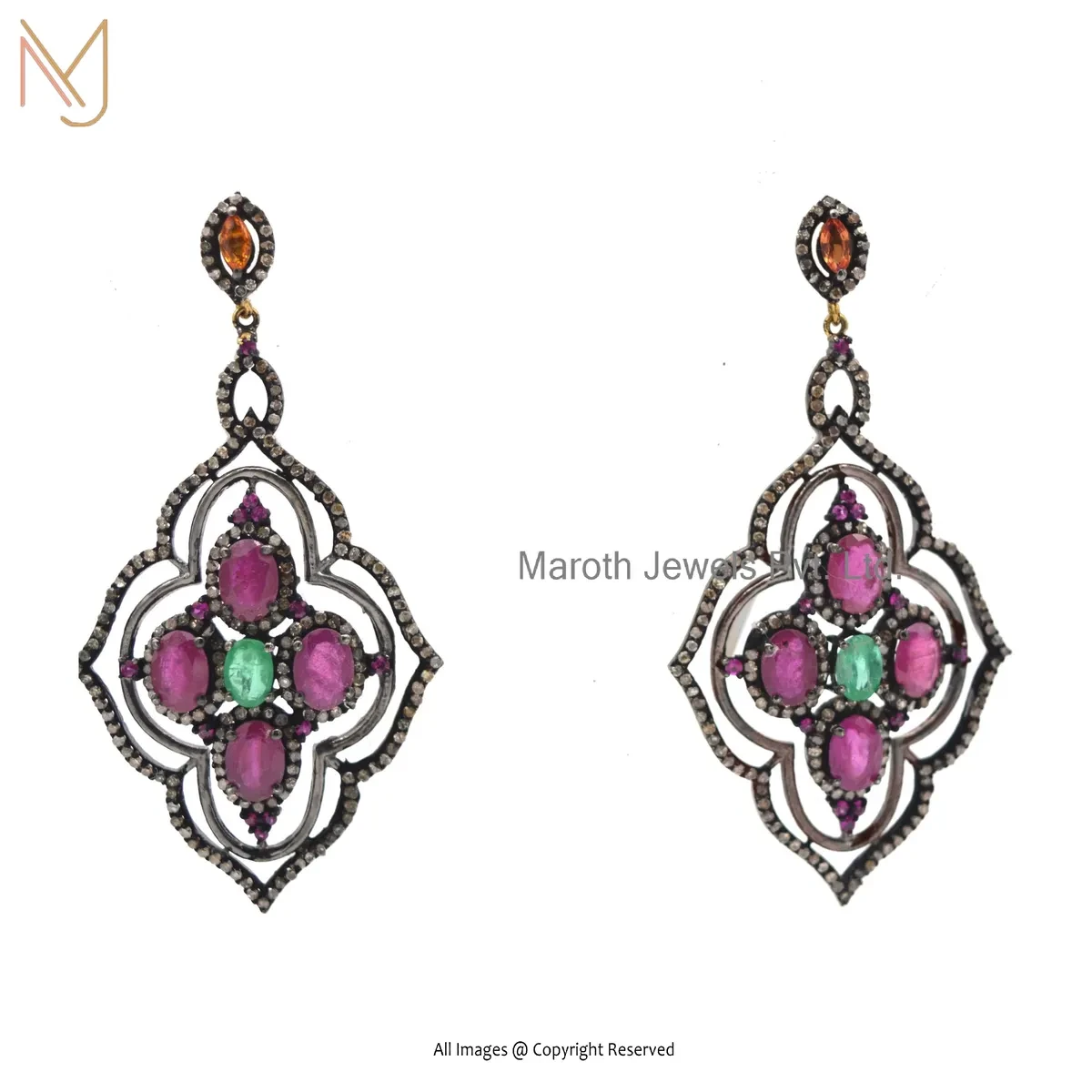925 Silver Rhodium Plated Pave Diamond, Emerald, Ruby, Orange Sapphire Gemstone Flower Earring USA