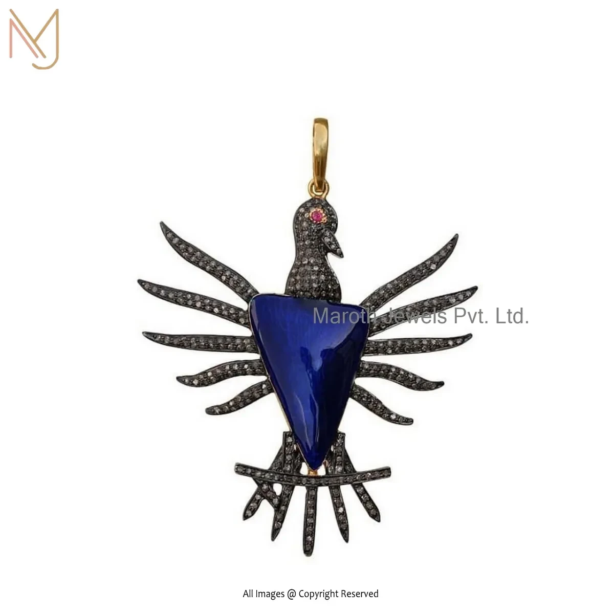 14K Yellow Gold Pave Diamond Gemco International Enamel Bird Pendant USA