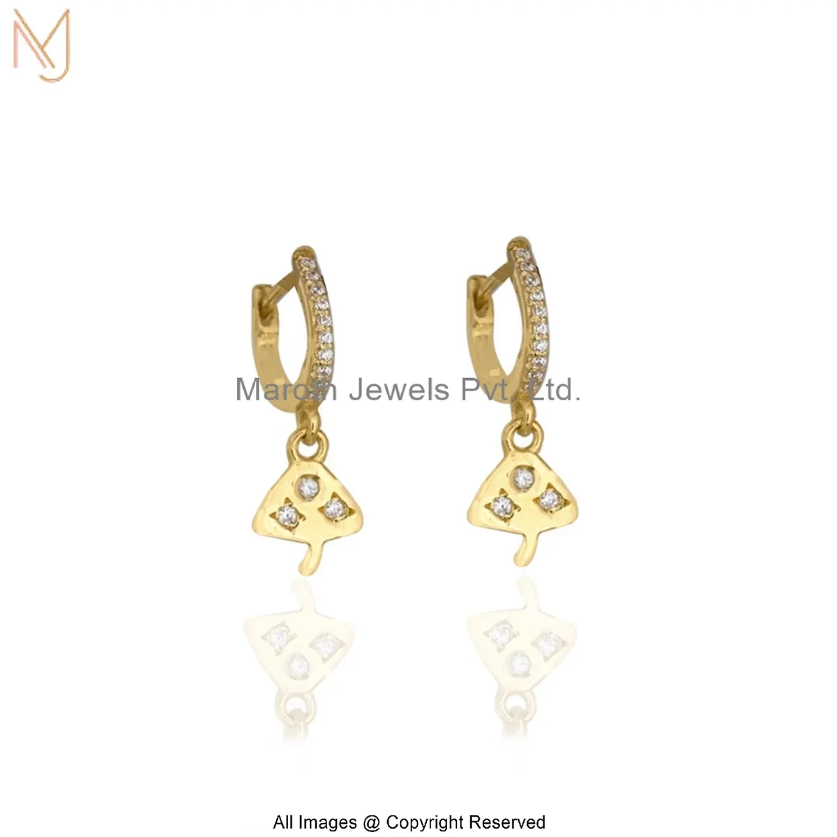 925 Silver Yellow Gold Plated Cubic Zircon Gold Finish Diamond Accent Mushroom Drop Hoop Earrings USA